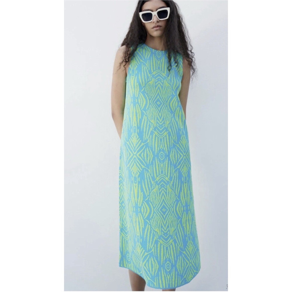 ZARA Jacquard Neon Sleeveless Dress Stretch Size L
